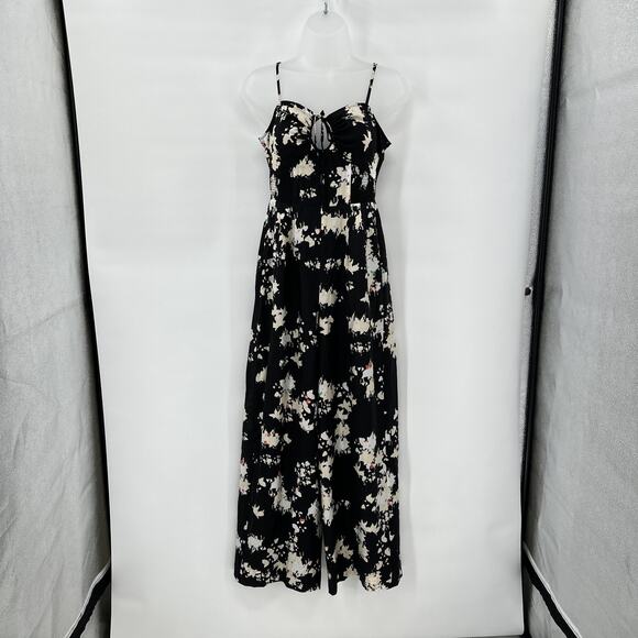 Joie Silk Blend Jumpsuit Size 0 Black Floral Keyhole Wide Leg Coastal New - Picture 1 of 10